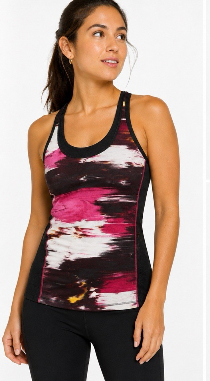 LULULEMON WOMENS SIZE 6 PINK BLACK PRINT RACERBACK MESH RUNNING WORKOUT TANK TOP
